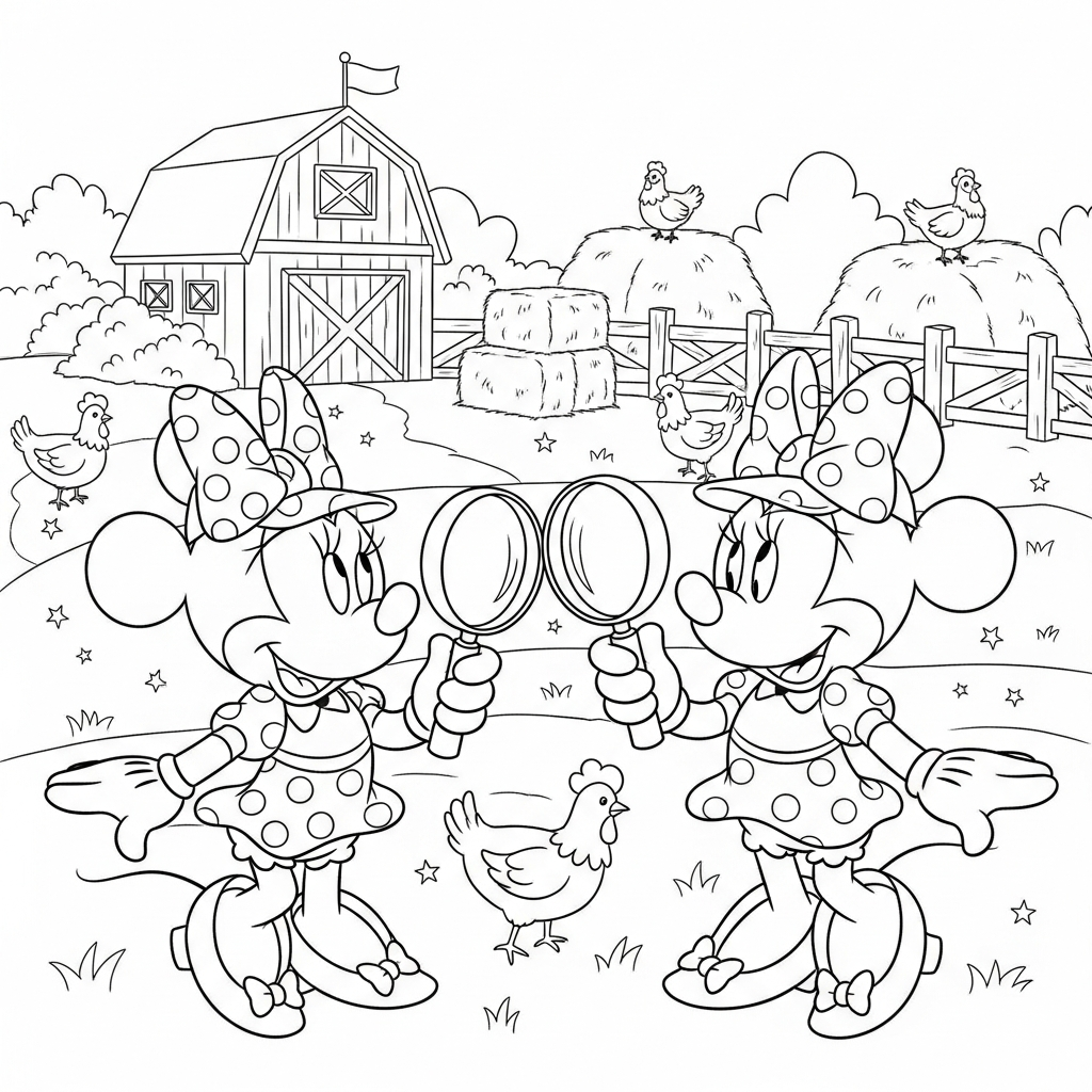 Desenho de Minnie Mouse para colorir vestida de detetive com lupa na fazenda.