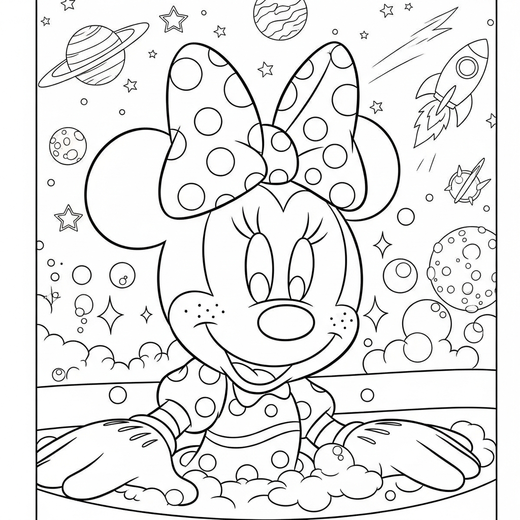 Desenho de Minnie Mouse para colorir tomando banho com bolhas no espaço.