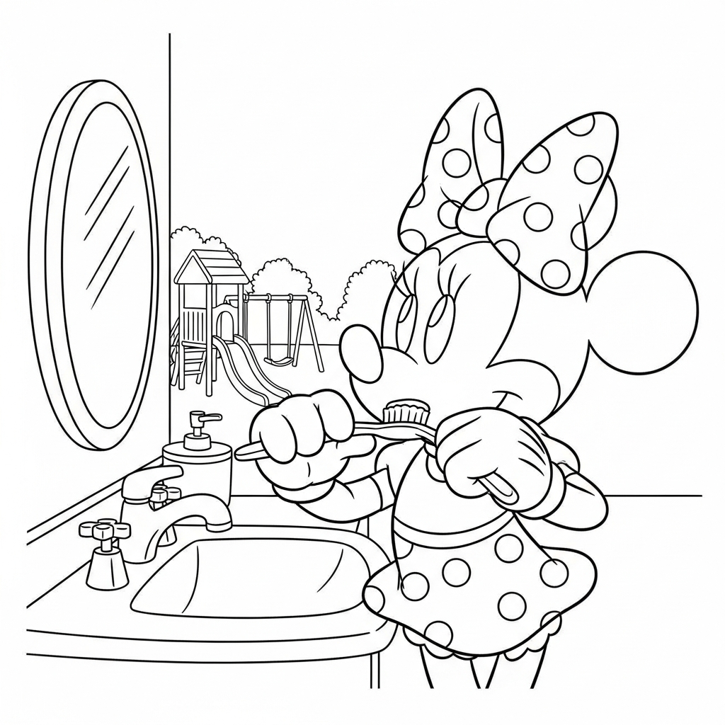 Desenho de Minnie Mouse para colorir escovando os dentes na pia do playground.