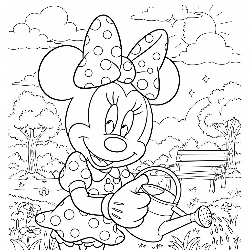 Desenho de Minnie Mouse para colorir regando plantas em parque ensolarado com árvores