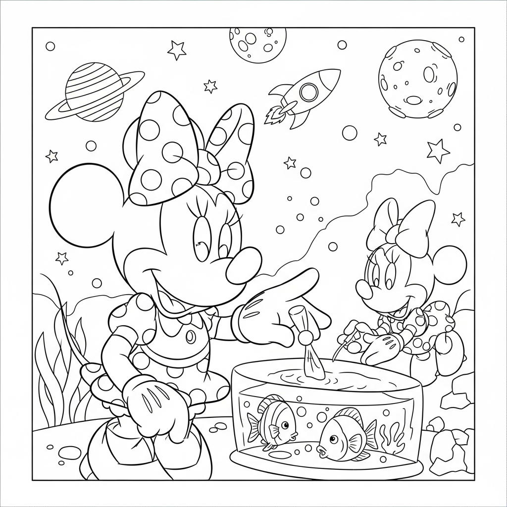 Desenho de Minnie Mouse para colorir alimentando peixinhos no aquário espacial.