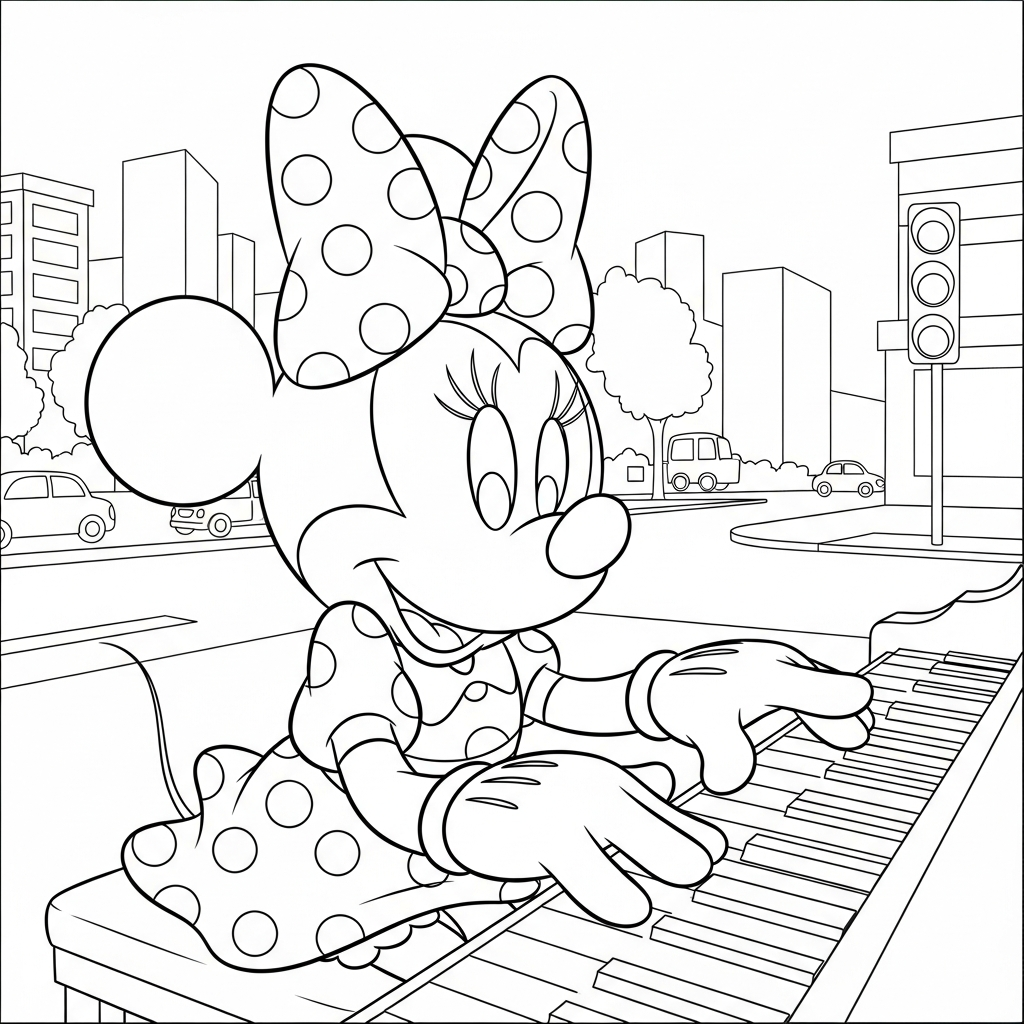 Desenho de Minnie Mouse para colorir tocando piano com teclas na rua da cidade
