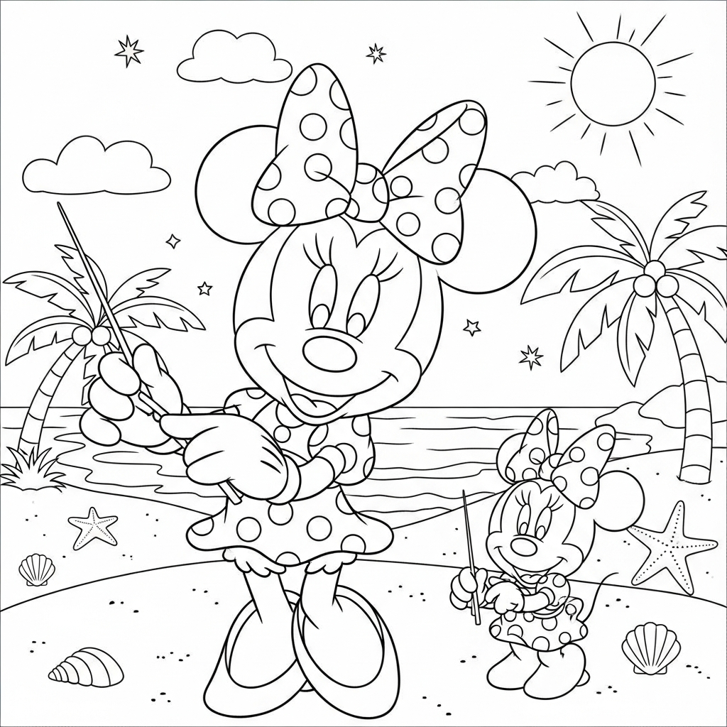 Desenho de Minnie Mouse para colorir regendo orquestra com batuta na praia com palmeiras