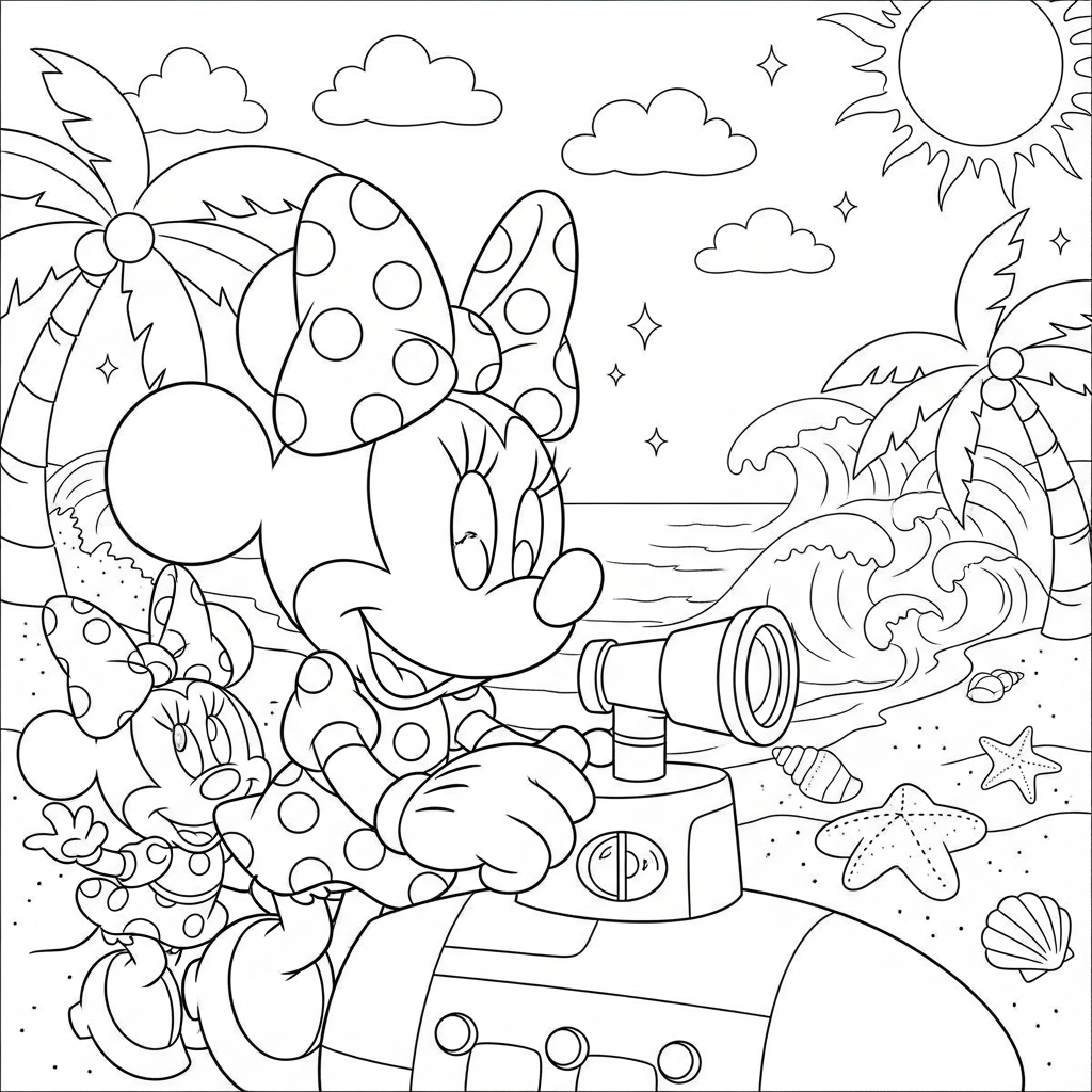 Desenho de Minnie Mouse para colorir dirigindo submarino com periscópio na praia com palmeiras