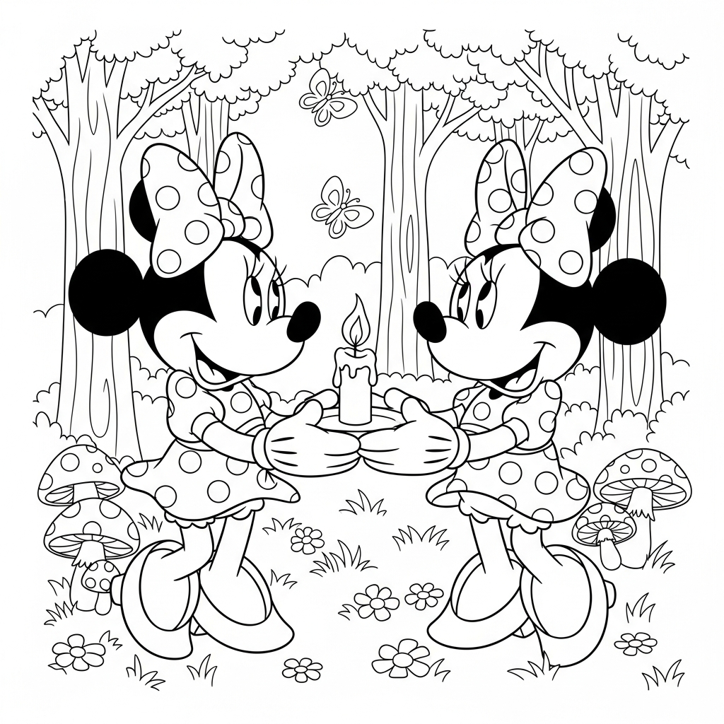 Desenho de Minnie Mouse para colorir segurando vela acesa na floresta com cogumelos