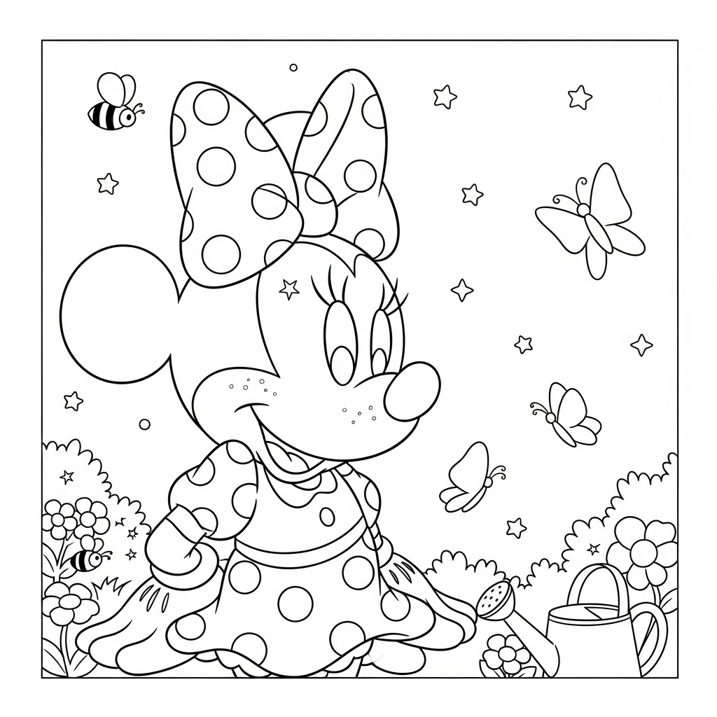 Desenho de Minnie Mouse para colorir observando borboletas no jardim com flores e abelhas.