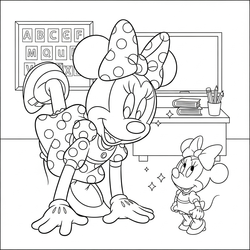Desenho de Minnie Mouse para colorir dando uma estrela na sala de aula com lousa