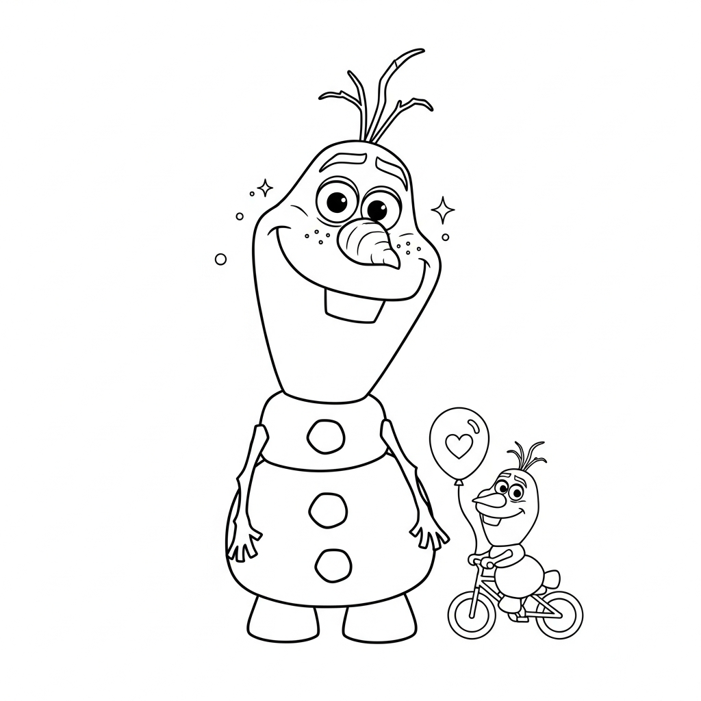 Desenho de Olaf para colorir andando de bicicleta pequena com uma flor.