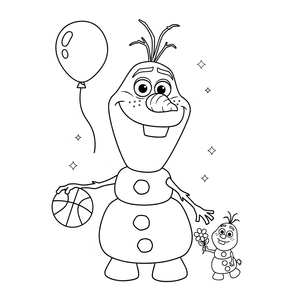 Desenho de Olaf para colorir driblando bola de basquete perto de um cone.