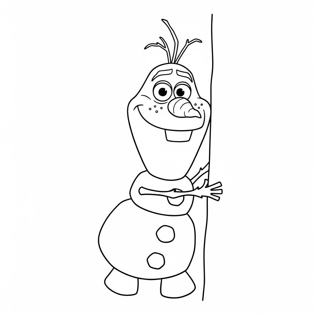 Desenho de Olaf para colorir jogando esconde-esconde atrás de uma árvore