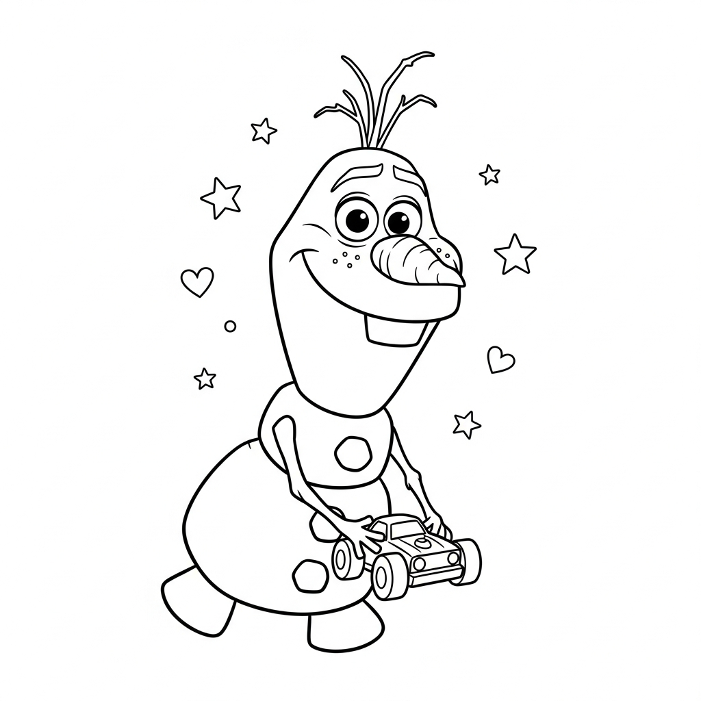 Desenho de Olaf para colorir brincando com carrinho de controle remoto entre estrelinhas e corações