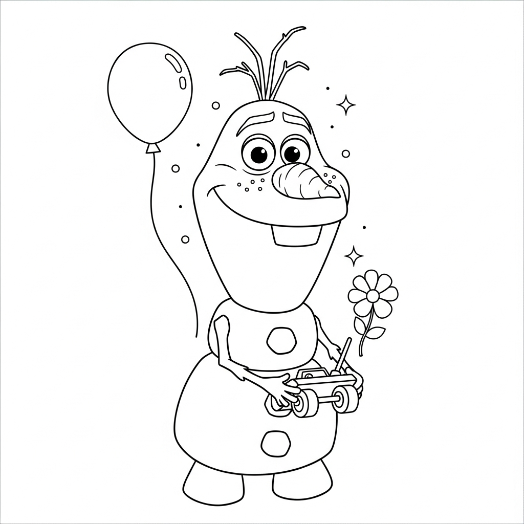 Desenho de Olaf para colorir brincando com carrinho de controle remoto ao lado de uma bola.