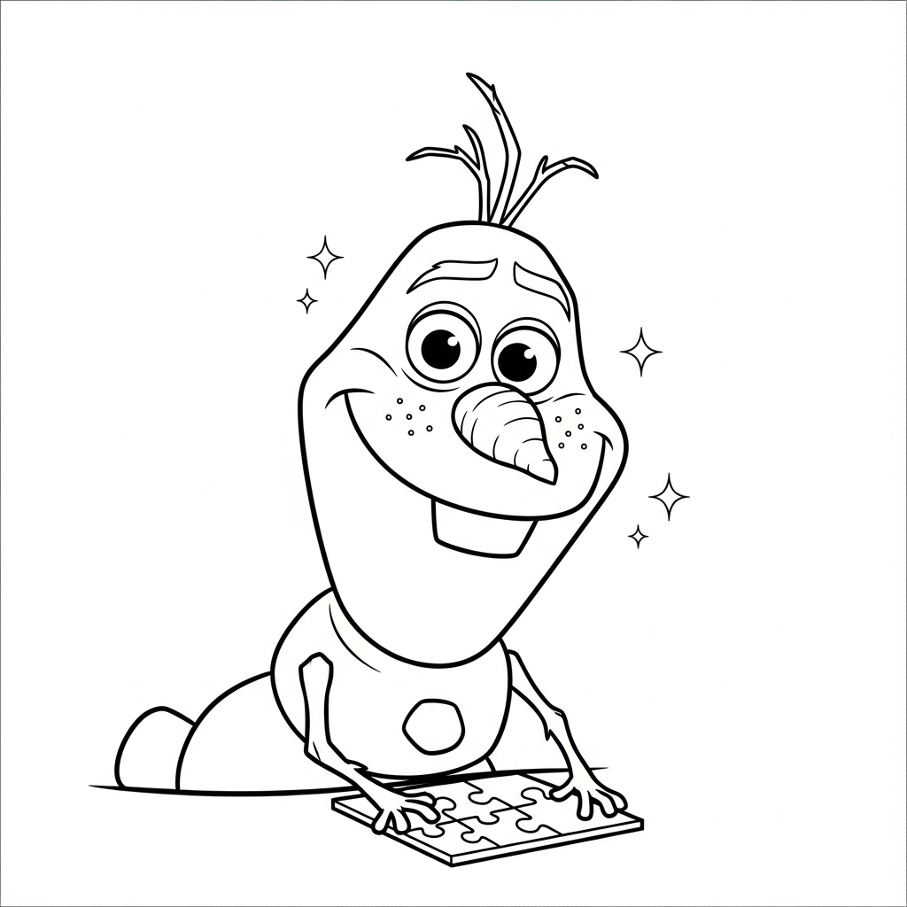 Desenho de Olaf para colorir montando quebra-cabeças no tapete alegremente