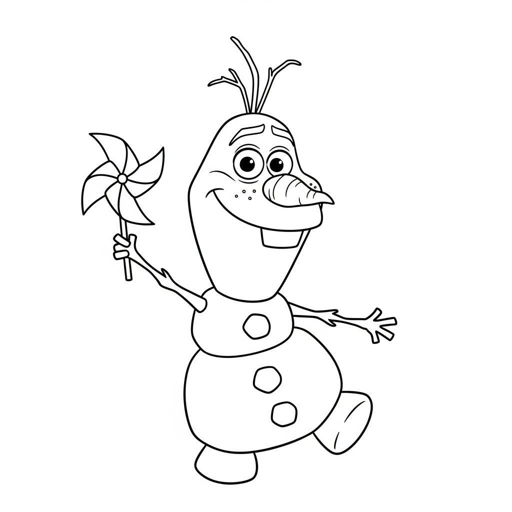 Desenho de Olaf para colorir brincando com cata-vento ao vento