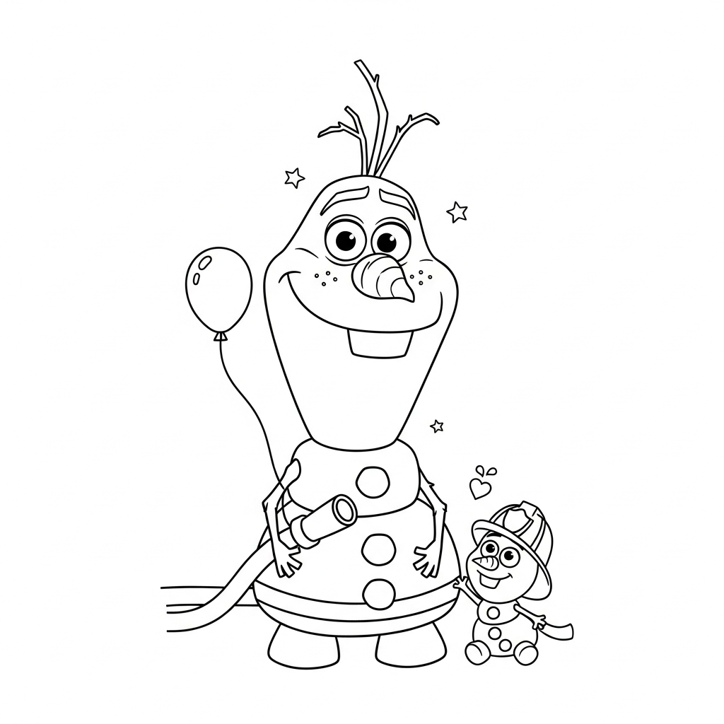 Desenho de Olaf para colorir vestido de bombeiro com mangueira e balde pequeno.
