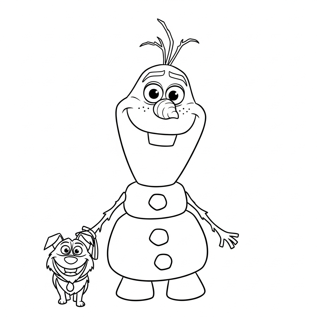 Desenho de Olaf para colorir passeando com cachorro na coleira