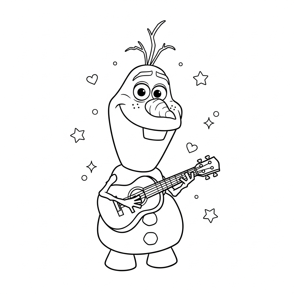 Desenho de Olaf para colorir tocando ukulele alegremente entre estrelinhas e corações.