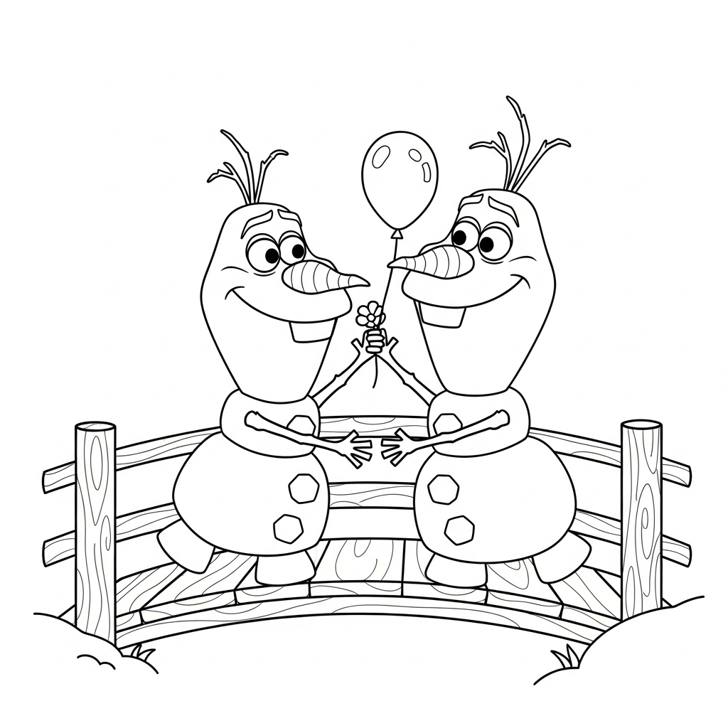 Desenho de Olaf para colorir atravessando ponte de madeira com pequeno balde