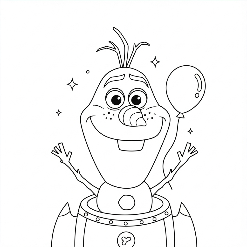 Desenho de Olaf para colorir dentro de foguete com cinto e estrela pequena.