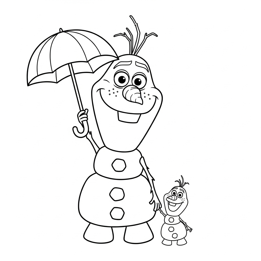 Desenho de Olaf para colorir segurando um guarda-chuva em contorno simples