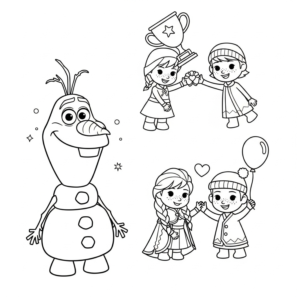 Desenho de Olaf para colorir segurando troféu acima da cabeça com floco pequeno
