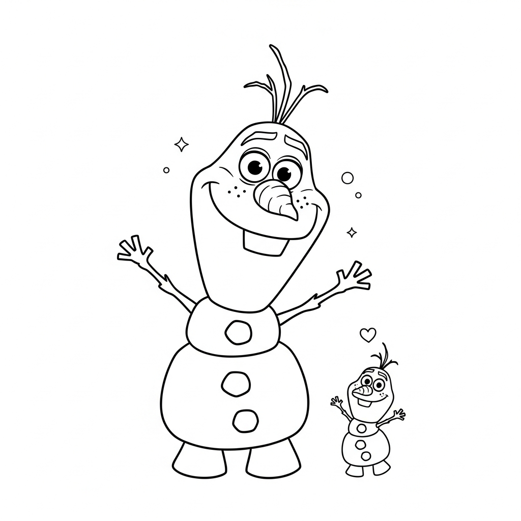 Desenho de Olaf para colorir dando uma piruetazinha ao lado de uma flor.