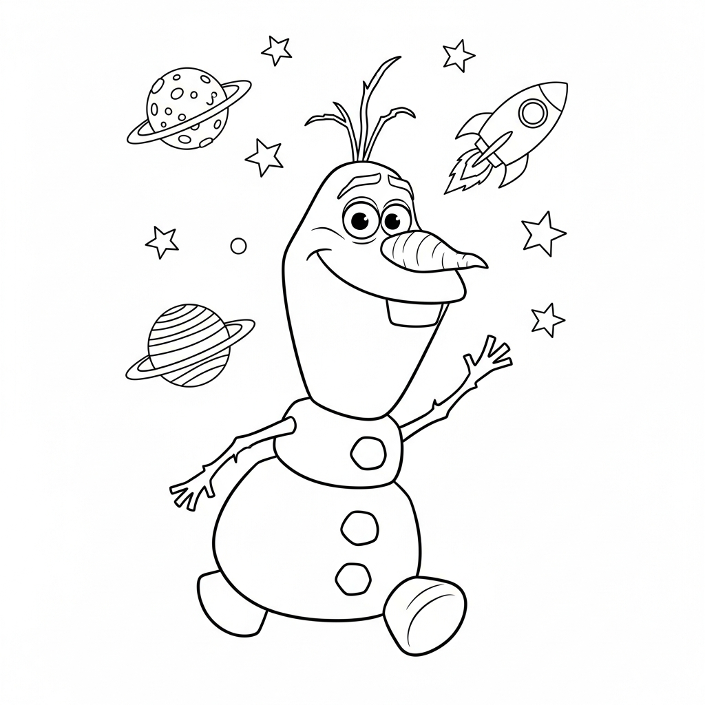 Desenho de Olaf para colorir correndo alegremente no espaço com planetas e foguete