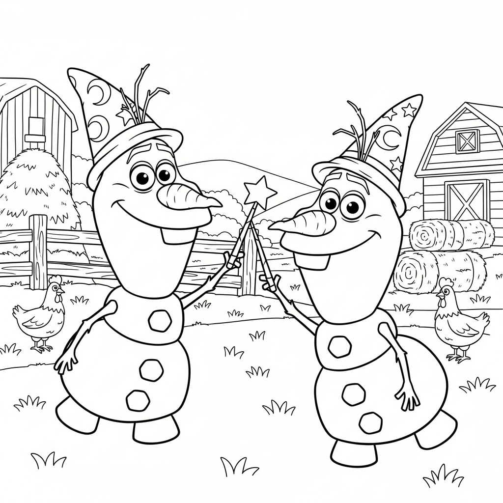 Desenho de Olaf para colorir usando chapéu de mago com varinha na fazenda