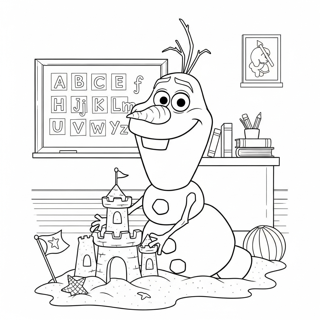 Desenho de Olaf para colorir construindo castelo de areia na sala de aula com lousa