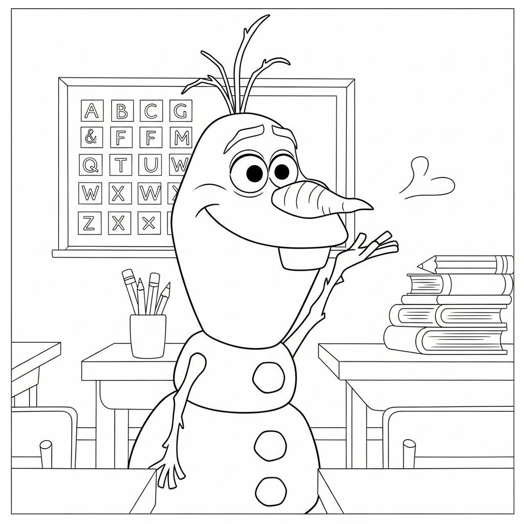 Desenho de Olaf para colorir dando beijinho no ar na sala de aula com lousa