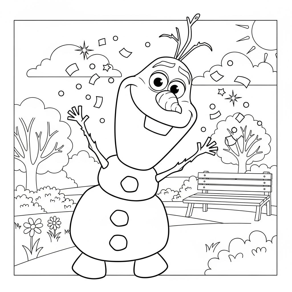 Desenho de Olaf para colorir alegre soltando confete em parque ensolarado com árvores