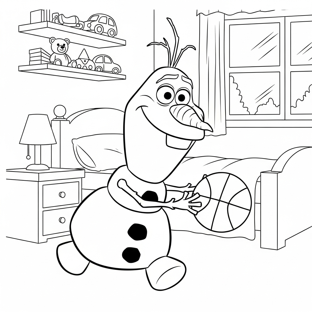 Desenho de Olaf para colorir driblando bola de basquete no quarto com cama e brinquedos.