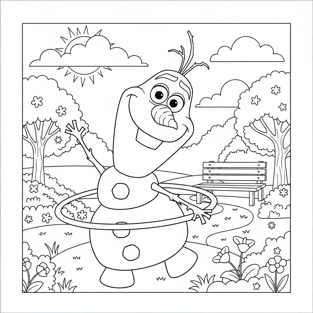 Desenho de Olaf para colorir brincando com bambolê no parque ensolarado com árvores.