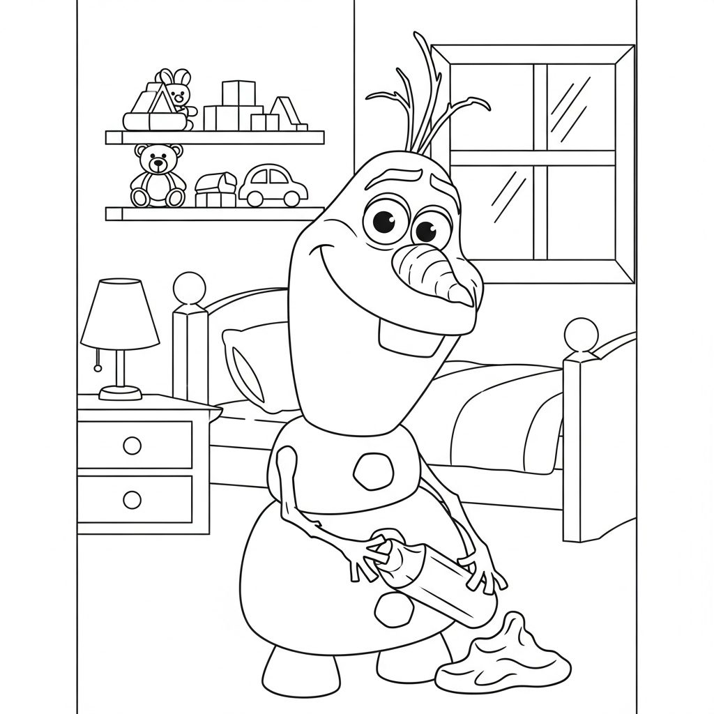Desenho de Olaf para colorir brincando de massinha em quarto com cama e brinquedos