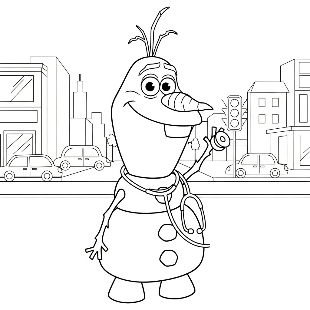 Desenho de Olaf para colorir vestido de médico com estetoscópio na rua da cidade