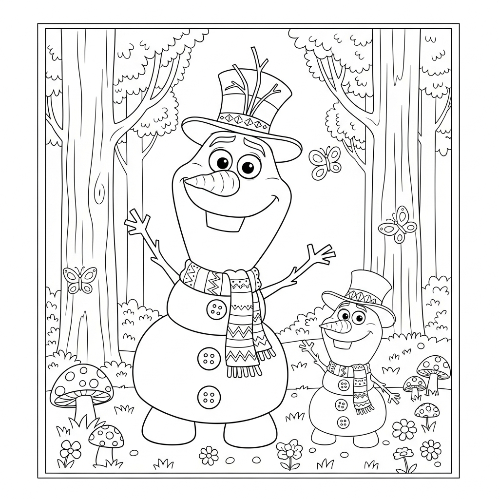 Desenho de Olaf para colorir vestido de mágico na floresta com cogumelos e borboletas.