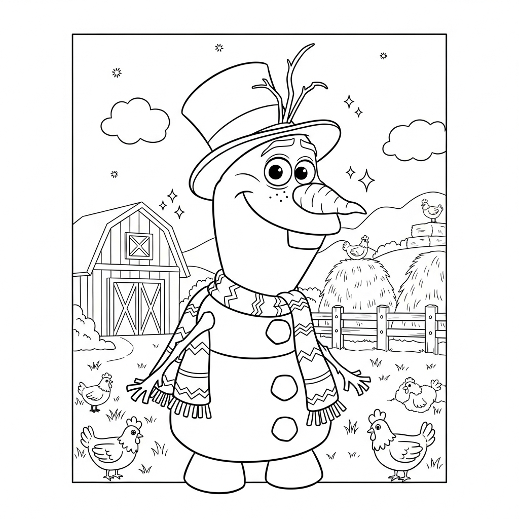 Desenho de Olaf para colorir vestido de mágico em fazenda com celeiro.
