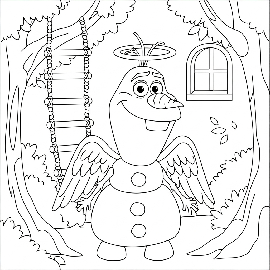 Desenho de Olaf para colorir vestido de anjo em casa na árvore