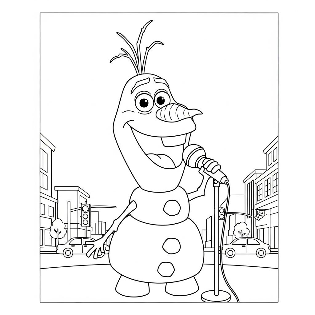 Desenho de Olaf para colorir cantando em microfone no palco na rua da cidade