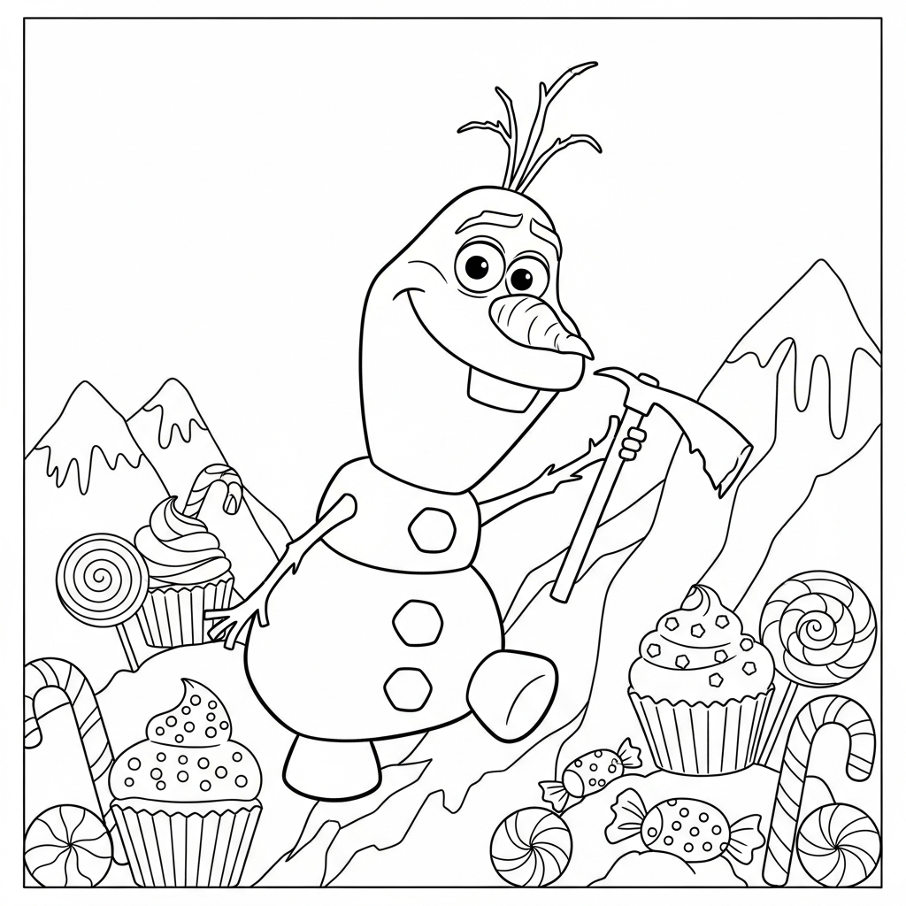 Desenho de Olaf para colorir escalando montanha com piolet na terra dos doces.