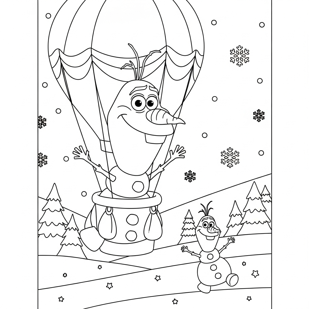Desenho de Olaf para colorir passeando de balão sobre paisagem nevada com pinheiros