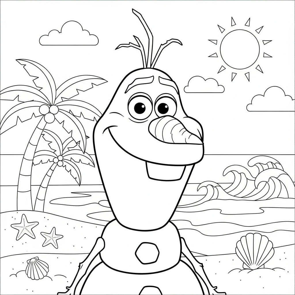 Desenho de Olaf para colorir fazendo boneco de neve na praia com palmeiras.