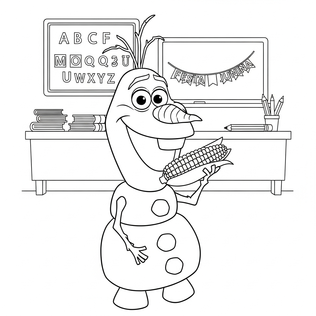 Desenho de Olaf para colorir comendo milho na espiga na sala de aula com lousa