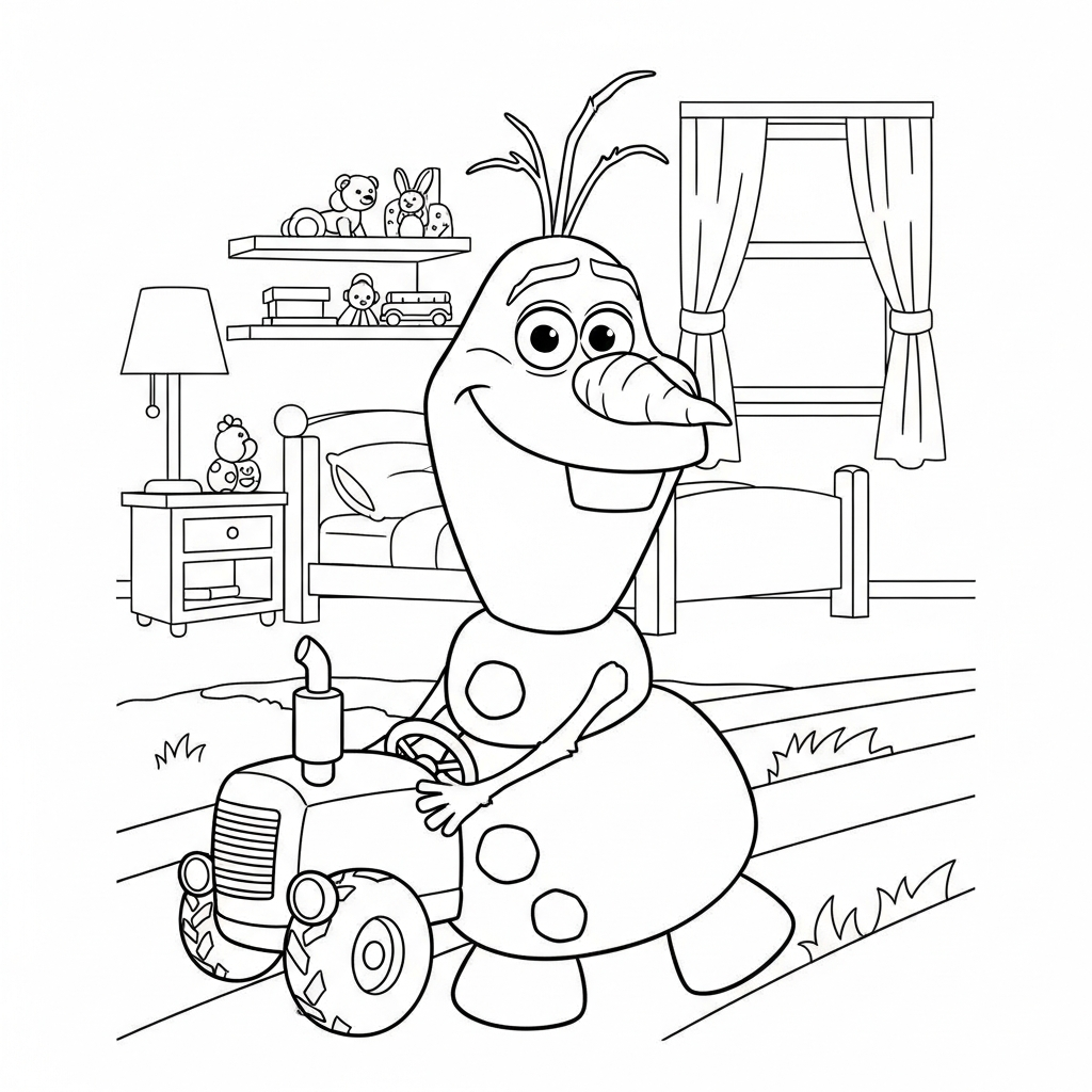 Desenho de Olaf para colorir dirigindo trator no campo, em quarto com cama e brinquedos.