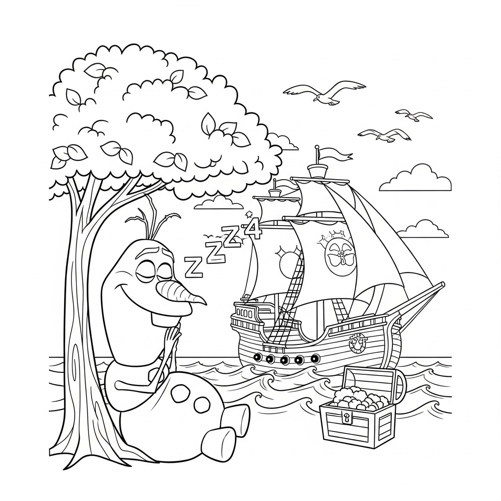 Desenho de Olaf para colorir dormindo embaixo de árvore em navio pirata