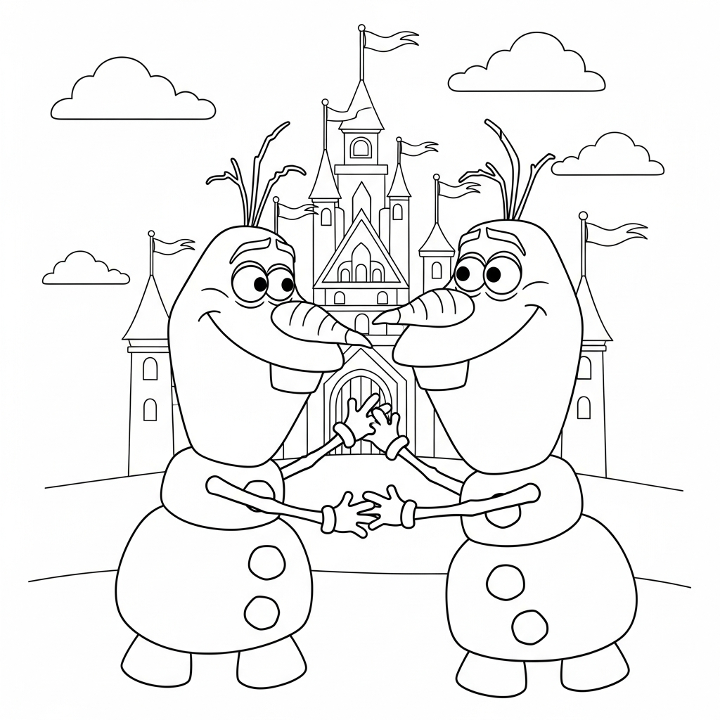 Desenho de Olaf para colorir em traje de inverno diante de castelo encantado