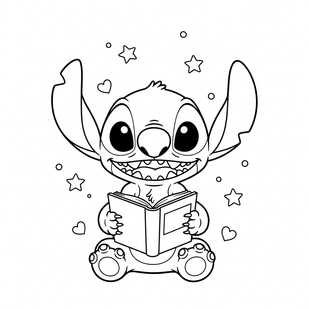 Desenho de Stitch para colorir sentado de pernas cruzadas lendo livro com estrelinhas e corações
