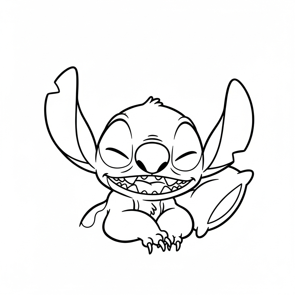 Desenho de Stitch para colorir dormindo abraçado a um travesseiro macio
