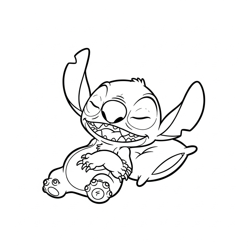 Desenho de Stitch para colorir dormindo tranquilamente abraçado a um travesseiro