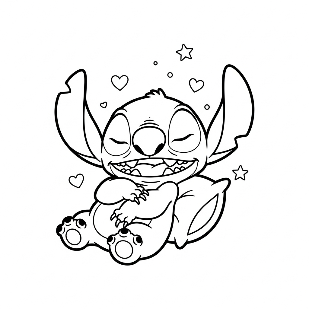 Desenho de Stitch para colorir dormindo com travesseiro entre estrelinhas e corações decorativos.